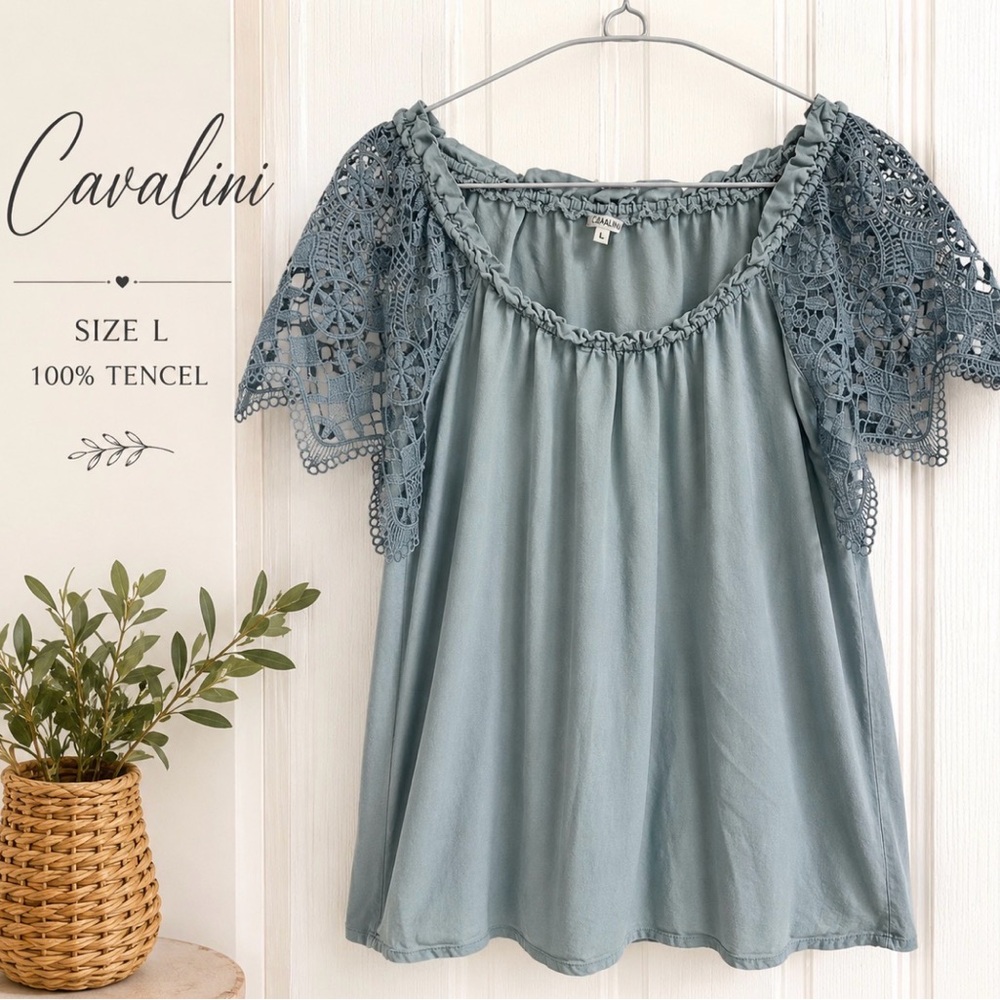 Cavalini Sage Blue Tencel Off Shoulder Lace Sleeve Boho Blouse Top L - Picture 2 of 3